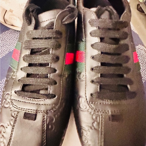 Gucci Shoes - Gucci Black Leather Sneakers with Red and Green Stripes